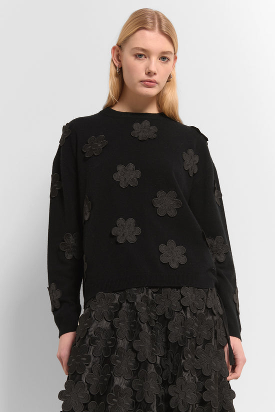 Beatrice B Black Wool Cashmere Blend Sweater Crew Neck with Floral Embroidery