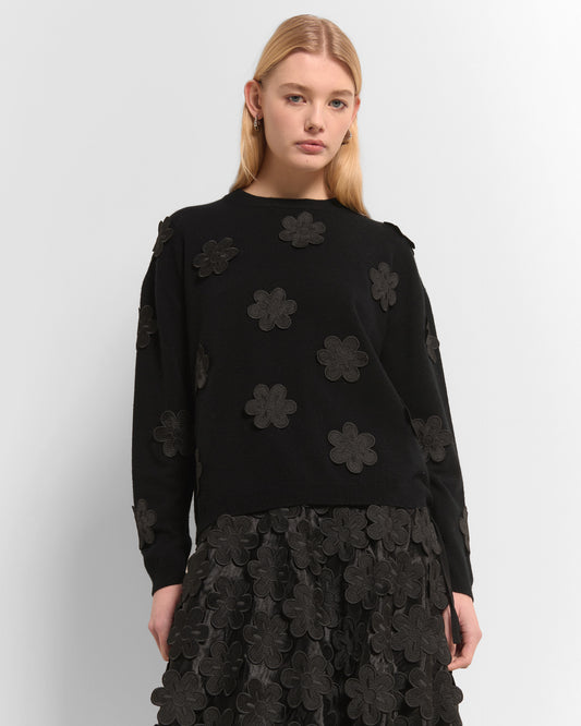 Beatrice B Black Wool Cashmere Blend Sweater Crew Neck with Floral Embroidery