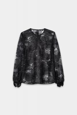 Luisa Cerano Sheer Black Appliqué Floral Blouse 238637