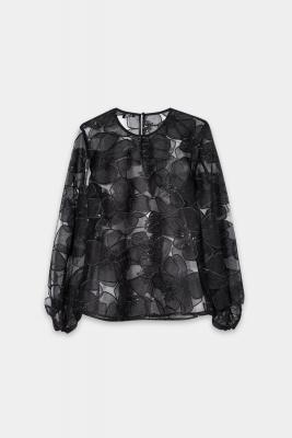 Luisa Cerano Sheer Black Appliqué Floral Blouse 238637