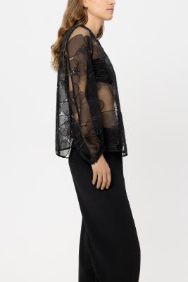 Luisa Cerano Sheer Black Appliqué Floral Blouse 238637