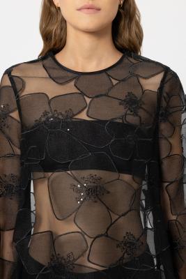 Luisa Cerano Sheer Black Appliqué Floral Blouse 238637
