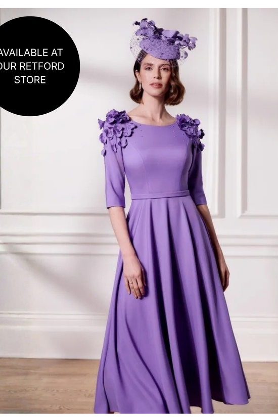 John Charles Orchid Crepe A-Line Dress with 3D Flower Shoulder Details 29281 AW