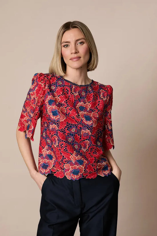 Fee G Red/Navy Lace Top with Bow