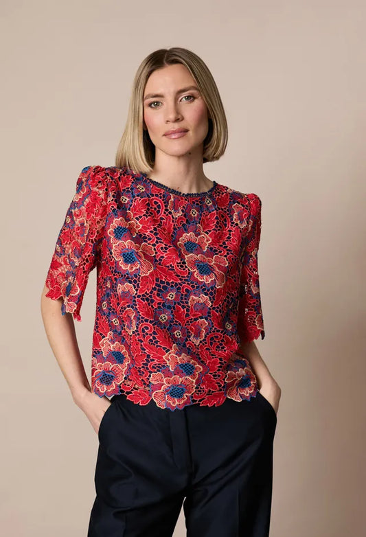 Fee G Red/Navy Lace Top with Bow