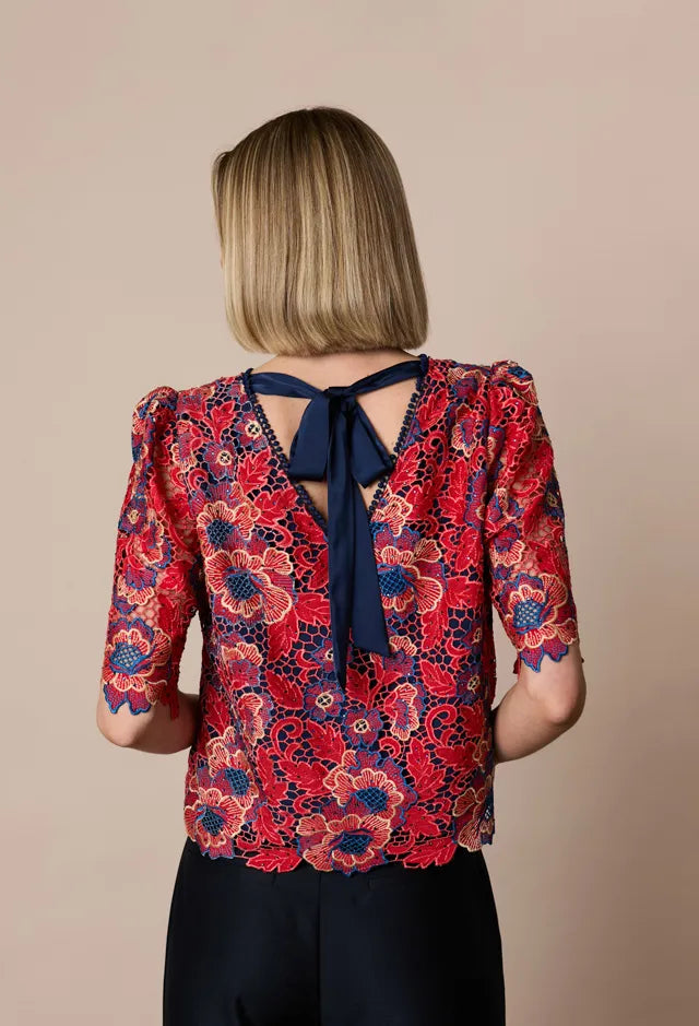 Fee G Red/Navy Lace Top with Bow