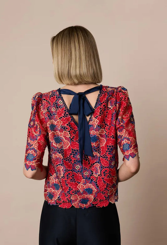 Fee G Red/Navy Lace Top with Bow