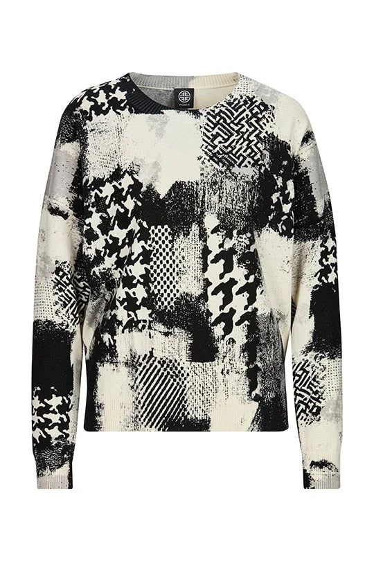 Faber Ivory/Black Fine Knit Crew Neck Sweater with Print