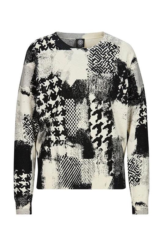 Faber Ivory/Black Fine Knit Crew Neck Sweater with Print