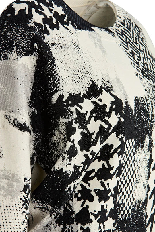 Faber Ivory/Black Fine Knit Crew Neck Sweater with Print