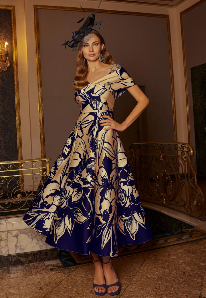 Veni Infantino Gold & Navy Floral Mikado A-Line Wide V -Neck Dress