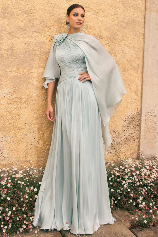 Veni Infantino Long Grey Flowing Pleated Dress with Sheer Chiffon Cape