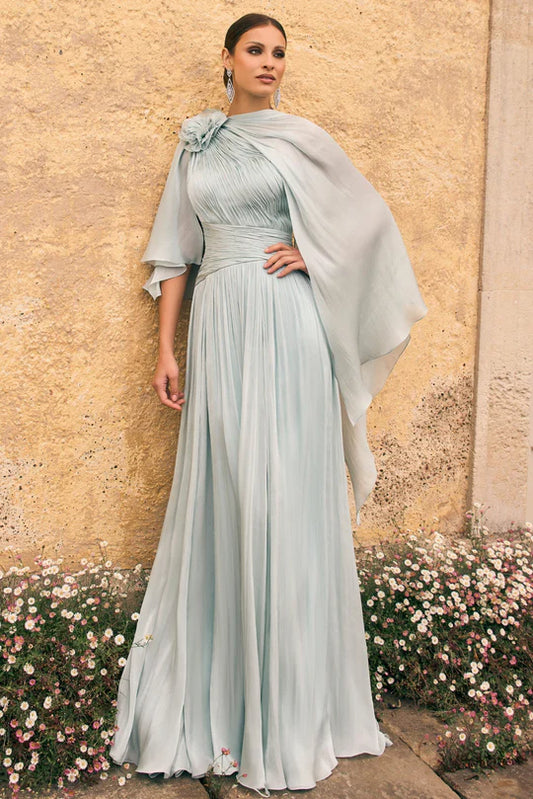 Veni Infantino Long Grey Flowing Pleated Dress with Sheer Chiffon Cape