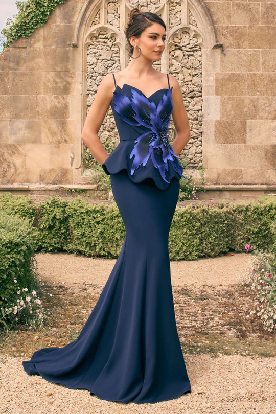Veni Infantino Blue Long Dress with Peplum Waist and 3D Floral Bodice