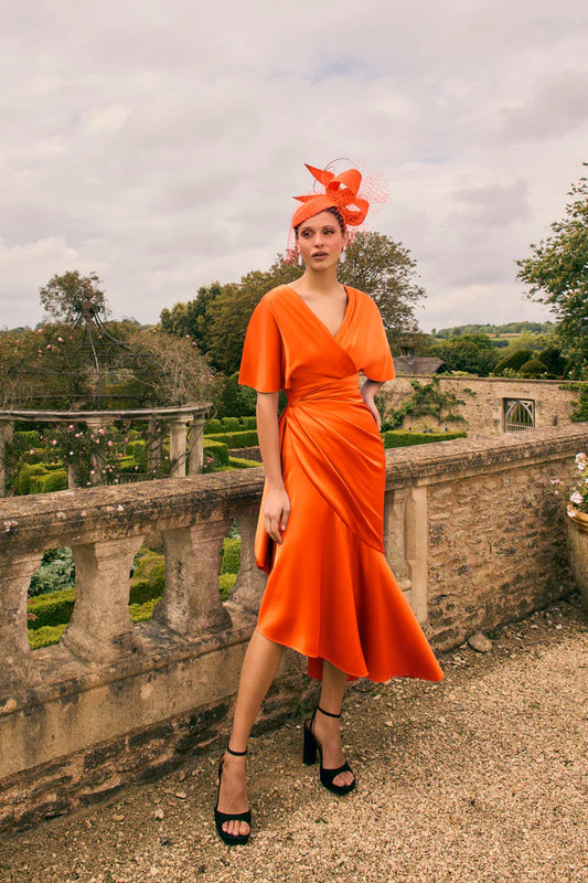 Veni Infantino Orange V-Neckline Soft Satin Wrap Midi Dress