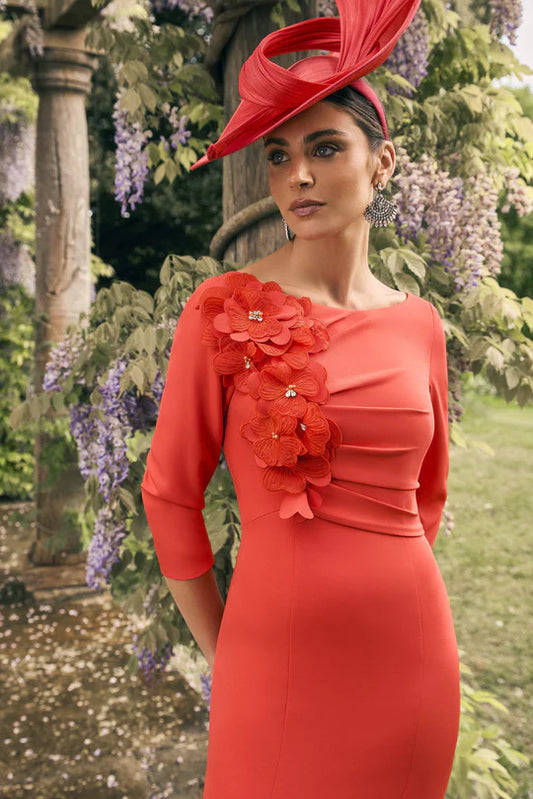 Veni Infantino Orange Fit-and-Flare Midi Dress with 3D Floral Appliqués