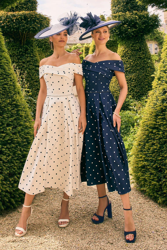 Veni Infantino Navy/Ivory Polka Dot Off-Shoulder Midi Dress