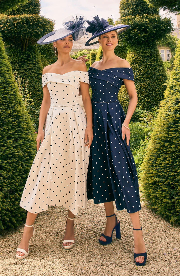 Veni Infantino Navy/Ivory Polka Dot Off-Shoulder Midi Dress