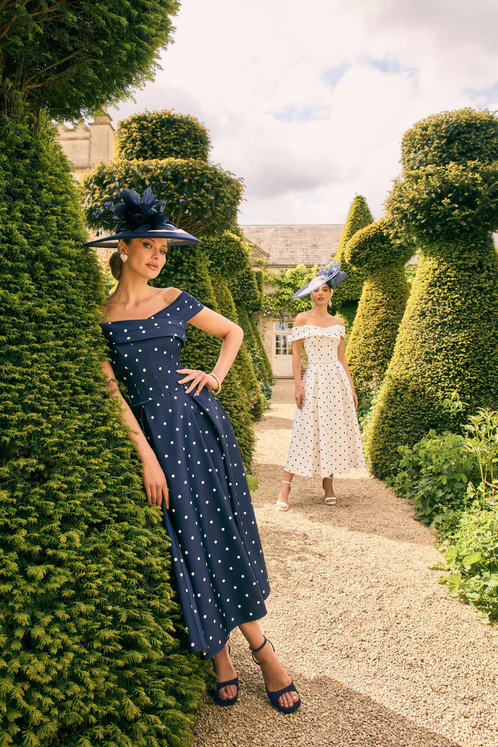 Veni Infantino Navy/Ivory Polka Dot Off-Shoulder Midi Dress