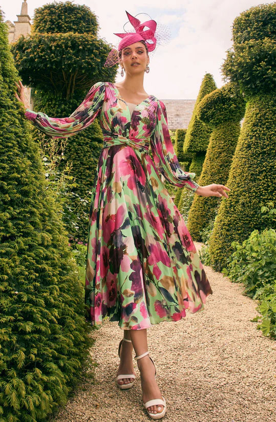 Veni Infantino Mulberry & Green Print V-Neckline Satin A-Line Dress
