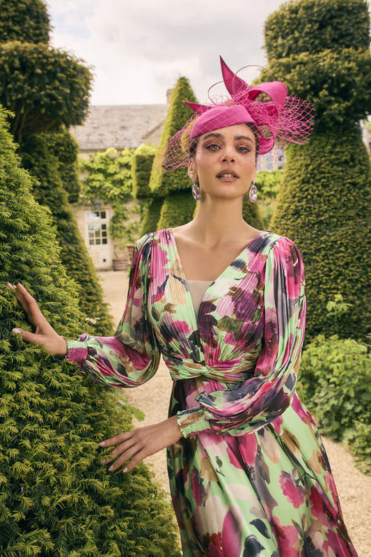 Veni Infantino Mulberry & Green Print V-Neckline Satin A-Line Dress