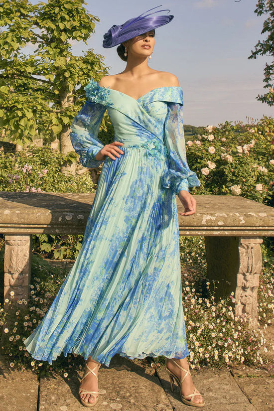 Veni Infantino Ocean Blue Print Off-Shoulder Chiffon Dress