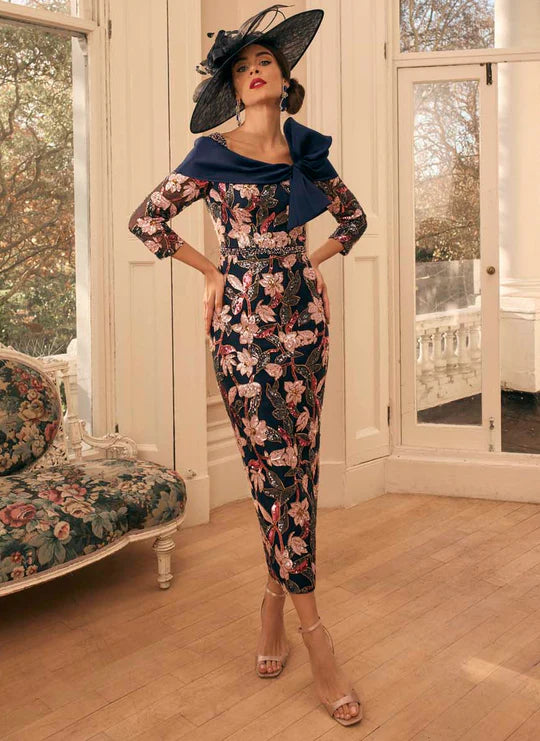 Veni Infantino Navy Floral Sequin Embroidery Midi Dress