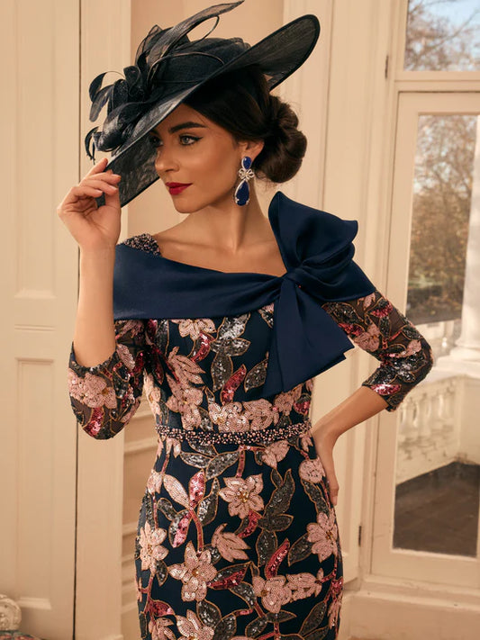 Veni Infantino Navy Floral Sequin Embroidery Midi Dress