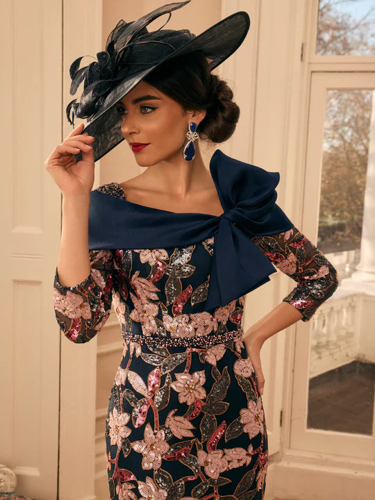 Veni Infantino Navy Floral Sequin Embroidery Midi Dress