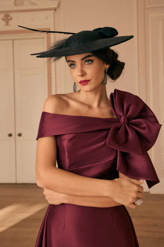 Veni Infantino Burgundy Satin Off-Shoulder Dress