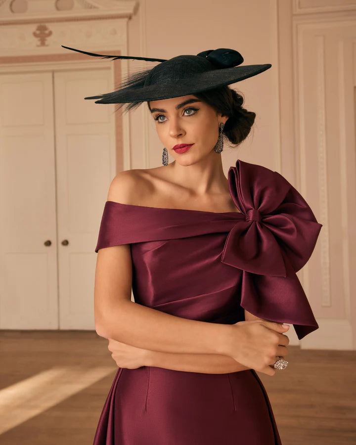 Veni Infantino Burgundy Satin Off-Shoulder Dress