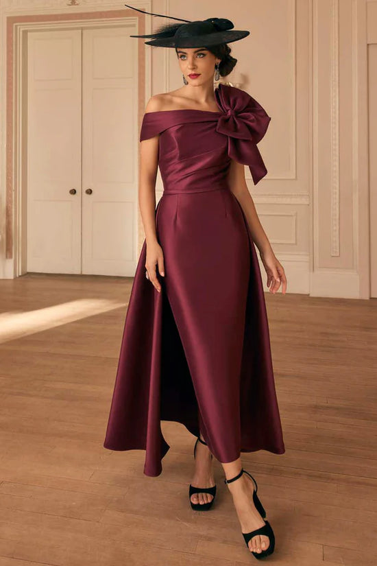Veni Infantino Burgundy Satin Off-Shoulder Dress