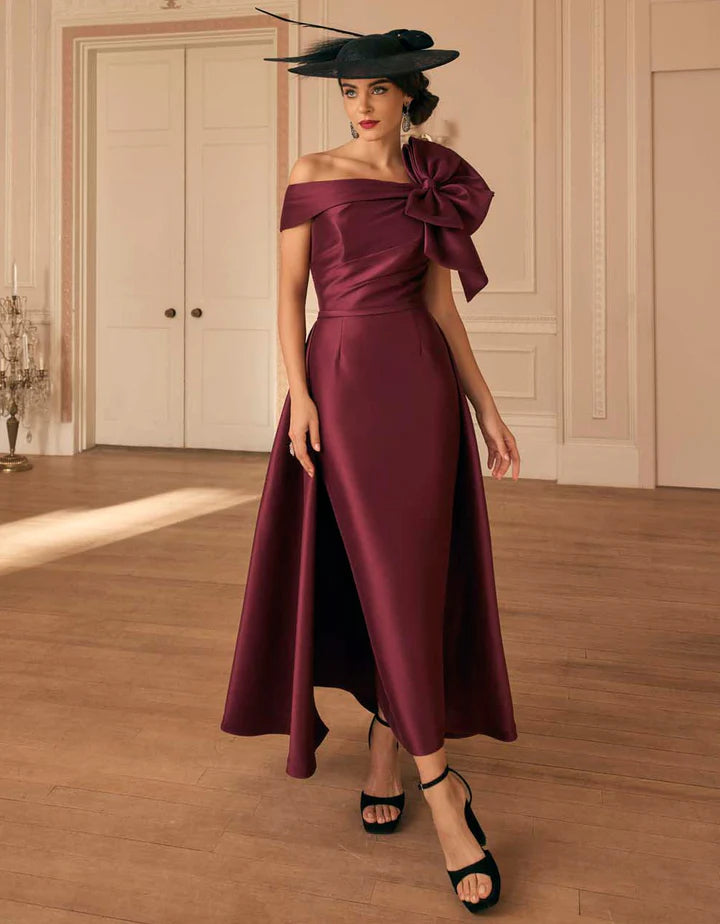 Veni Infantino Burgundy Satin Off-Shoulder Dress