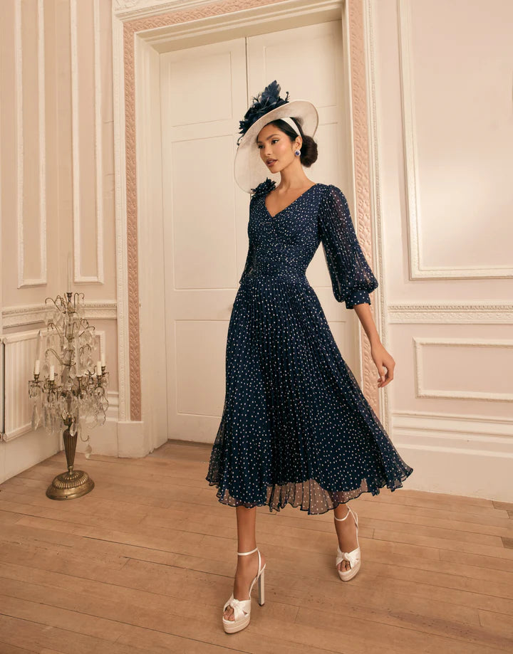 Veni Infantino Navy/Ivory Polka Dot A-Line Midi Dress