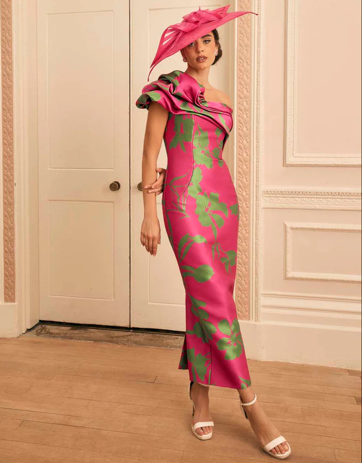 Veni Infantino Fuchsia/Green Botanical Print One-Shoulder Dress