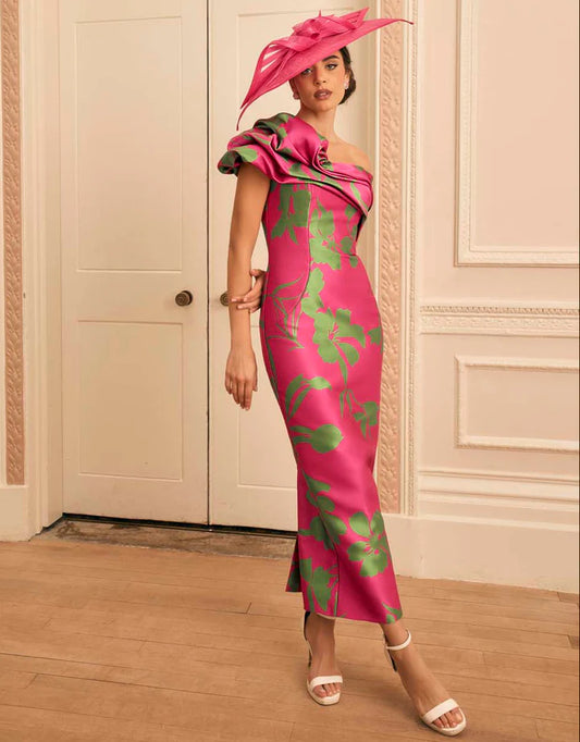Veni Infantino Fuchsia/Green Botanical Print One-Shoulder Dress