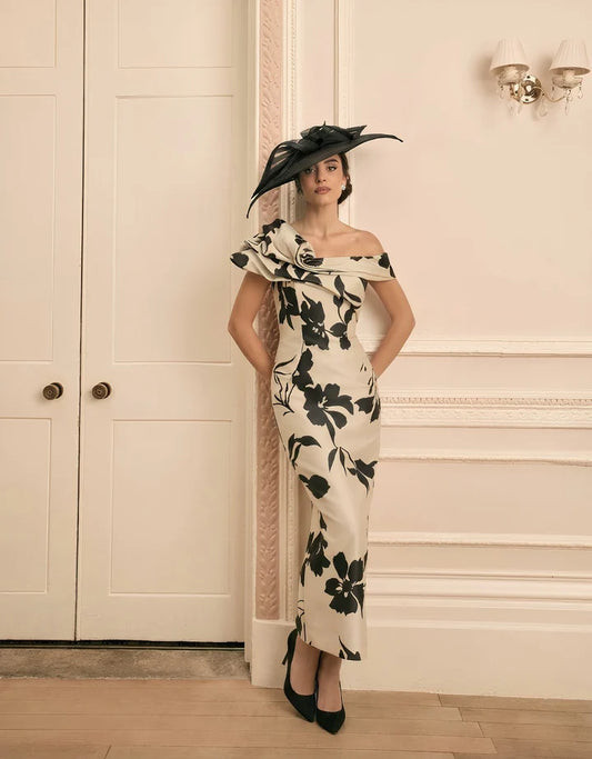 Veni Infantino Ivory/Black Botanical Print One-Shoulder Dress