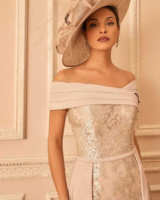 Veni Infantino Taupe Off-Shoulder Dress with Overskirt