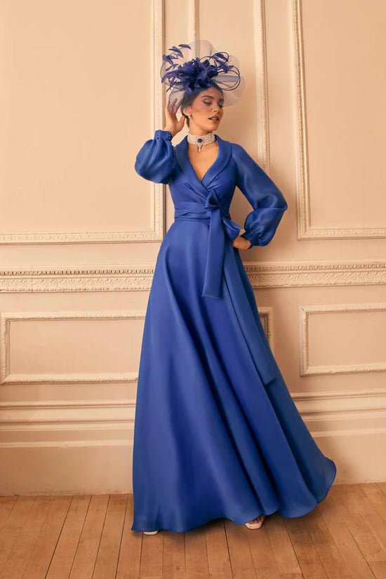 Veni Infantino Azure Wrap-Style Bodice lantern Sleeves Dress