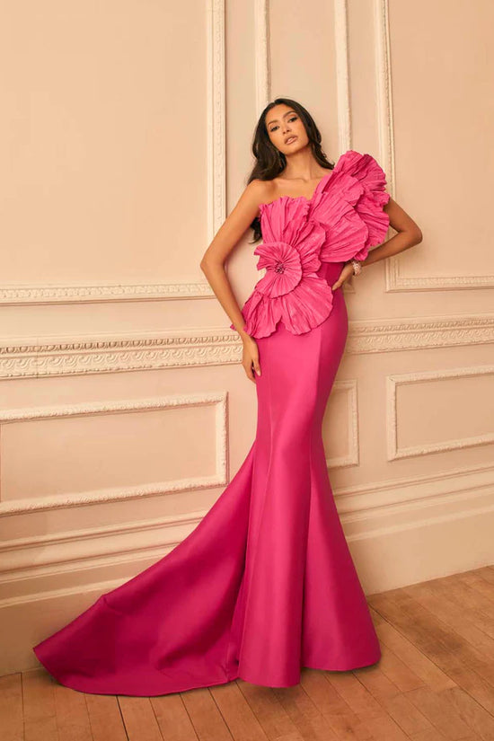 Veni Infantino Fuchsia Architectural Fit-and-Flare Gown with 3D Floral Ruffles