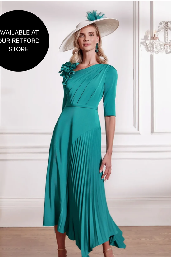 John Charles Peacock Crepe Midi Dress with Shoulder Floral Detail Accents 66684 AW