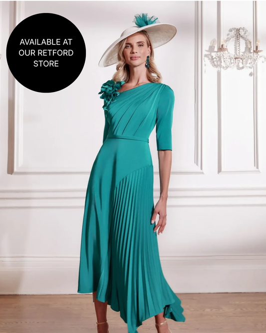 John Charles Peacock Crepe Midi Dress with Shoulder Floral Detail Accents 66684 AW