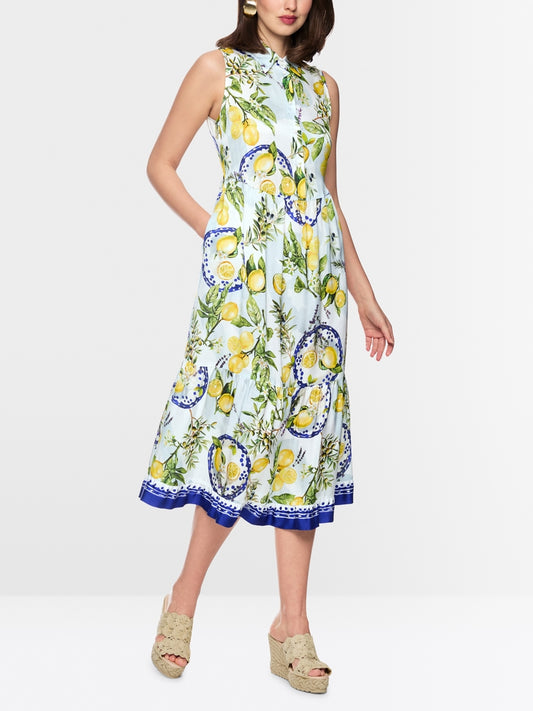 Marc Cain White Lemon and Olive Print Viscose Dress