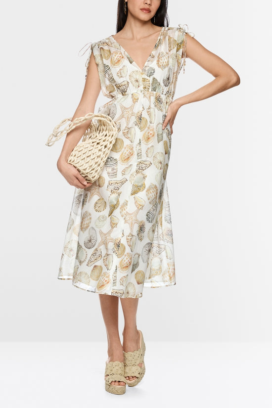 Marc Cain Off-White with Shell Print Mid-Length Dress in Cotton and Silk AC21.47 W49