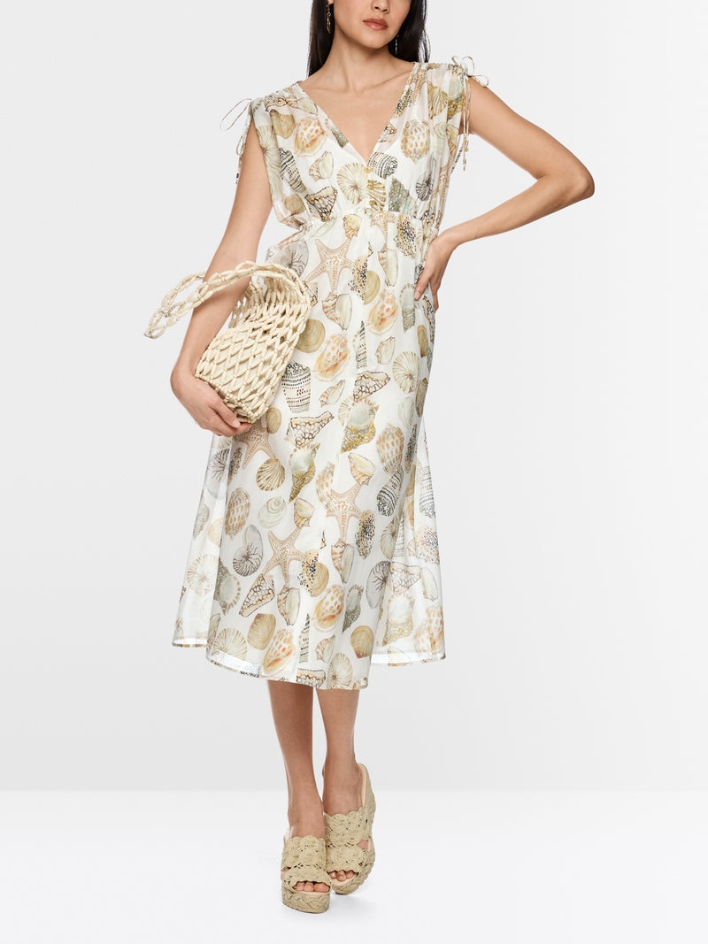 Marc Cain Off-White with Shell Print Mid-Length Dress in Cotton and Silk AC21.47 W49