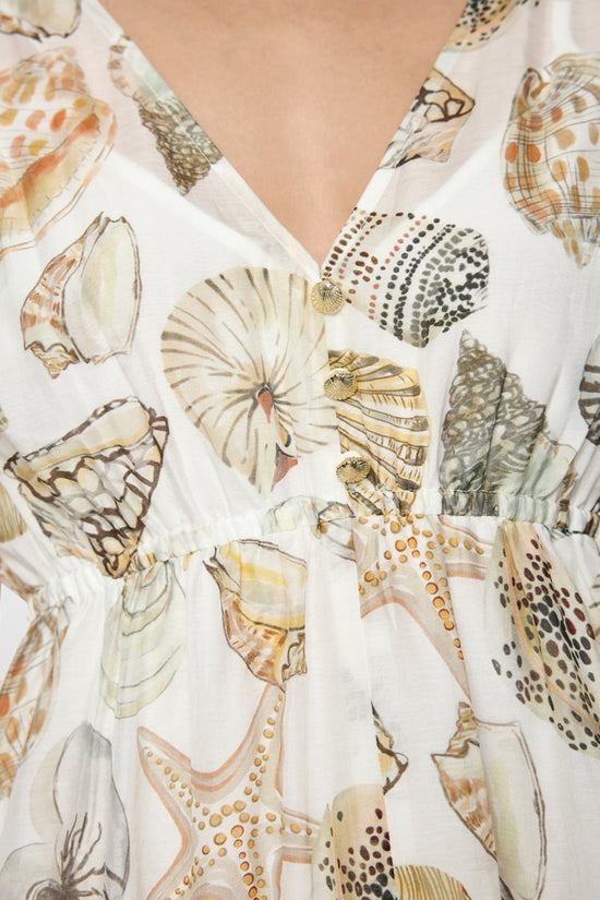 Marc Cain Off-White with Shell Print Mid-Length Dress in Cotton and Silk AC21.47 W49