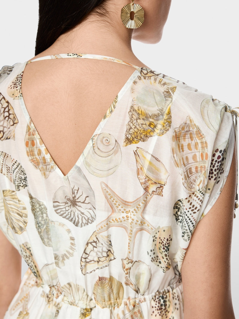 Marc Cain Off-White with Shell Print Mid-Length Dress in Cotton and Silk AC21.47 W49