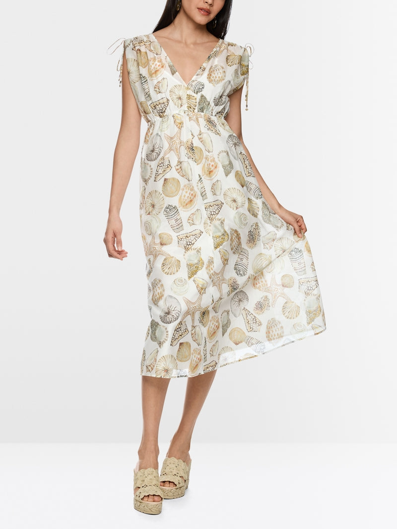 Marc Cain Off-White with Shell Print Mid-Length Dress in Cotton and Silk AC21.47 W49