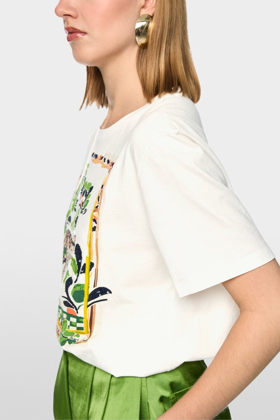 Marc Cain Off-White Cotton Short Sleeve T-shirt with Leopard Motif