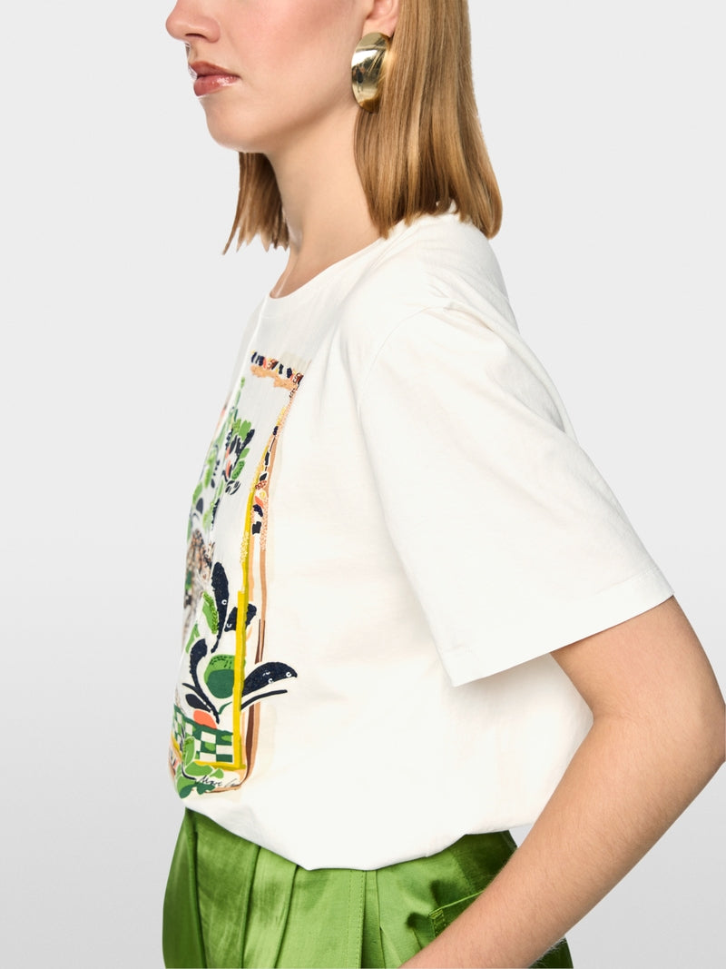 Marc Cain Off-White Cotton Short Sleeve T-shirt with Leopard Motif